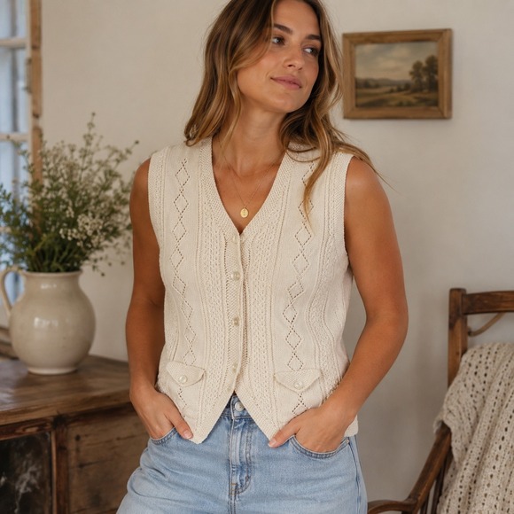 Lauren Ralph Lauren Sweaters - Lauren Ralph Lauren Hand Knit Cotton Sweater Vest Cream Cable Knit Button Up M